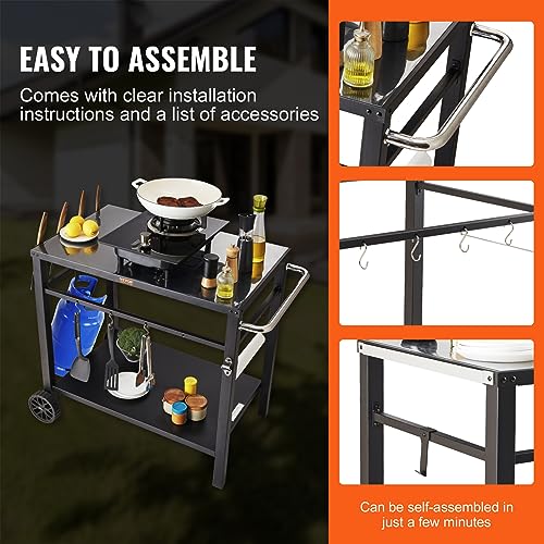 VEVOR Outdoor Grill Cart with Double-Shelf, BBQ Movable Food Prep Table with PVC Placemat, Black Iron Table Top, Portable Modular Carts for Pizza Oven, Worktable with 2 Wheels, Carry Handle - size: 21.7"D x 33.5"W x 32.9"H, style: Iron Table Top