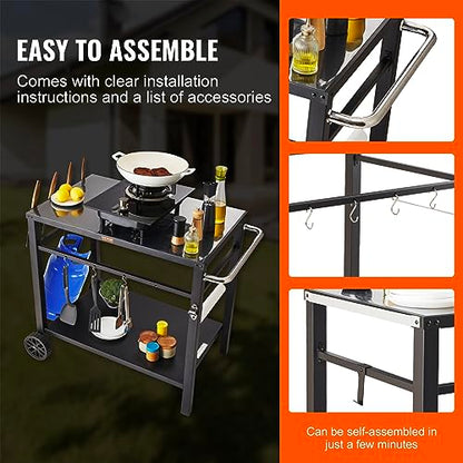 VEVOR Outdoor Grill Cart with Double-Shelf, BBQ Movable Food Prep Table with PVC Placemat, Black Iron Table Top, Portable Modular Carts for Pizza Oven, Worktable with 2 Wheels, Carry Handle - size: 21.7"D x 33.5"W x 32.9"H, style: Iron Table Top