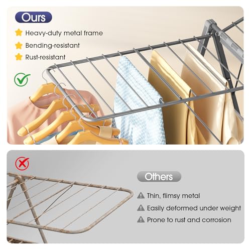 Clothes Drying Rack, 67.7" L Height Adjustable, Foldable, Grey | 1.5"Folded, No Assembly, Space-Saving, Spacious Design, Adjustable Wings, Clips, Mesh Shelf, Shoe Rack, Indoor & Outdoor Use - color: Gray