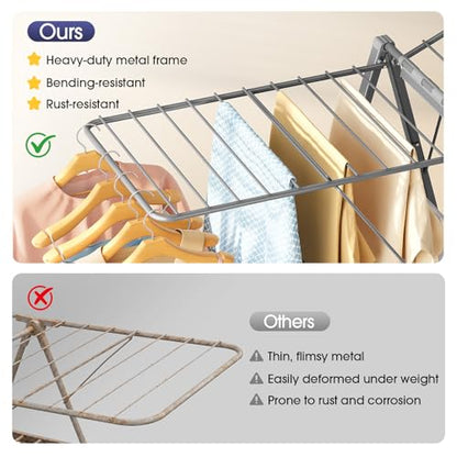 Clothes Drying Rack, 67.7" L Height Adjustable, Foldable, Grey | 1.5"Folded, No Assembly, Space-Saving, Spacious Design, Adjustable Wings, Clips, Mesh Shelf, Shoe Rack, Indoor & Outdoor Use - color: Gray