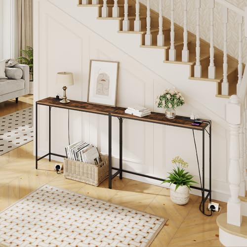 MAHANCRIS Console Table, Narrow Sofa Table, 43.7” Entrance Table with Power Station, Behind Couch Table, Simple Style, for Living Room, Hallway, Entryway, Foyer, Rustic Brown and Black CTHR112E01 - color: Rustic Brown, Black