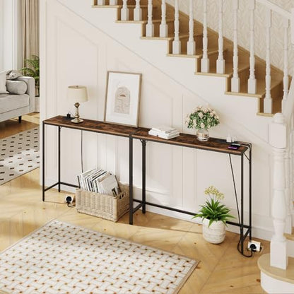 MAHANCRIS Console Table, Narrow Sofa Table, 43.7” Entrance Table with Power Station, Behind Couch Table, Simple Style, for Living Room, Hallway, Entryway, Foyer, Rustic Brown and Black CTHR112E01 - color: Rustic Brown, Black