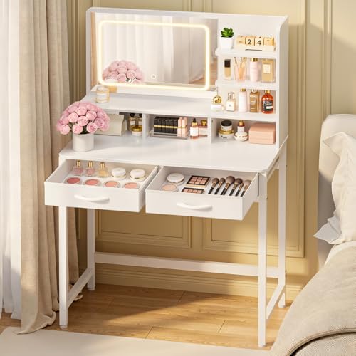 Kitsure Small Makeup Vanity with Lights, Open Shelves, Fabric Drawers | Bedroom, Gifting, 3 Lighting Modes, Stable Frame, 31.5" x 15.8" x 51.2"