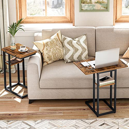 HOOBRO Foldable C Shaped End Table, C Shaped Side Table with Storage Shelf, Small Snack Table, Slide Under Couch Table for Sofa, Living Room Bedroom Small Spaces Easy Assembly, Rustic Brown BF29SF01 - color: Rustic Brown + Black