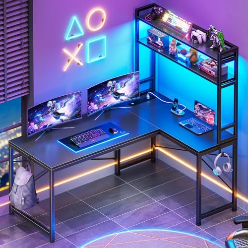 SEDETA L Shaped Gaming Desk, Reversible 45.3” Small Corner Desk with Power Outlet and LED Lights, Corner Gaming Desk with Storage Shelves, Hooks for Small Space, Black - color: Black