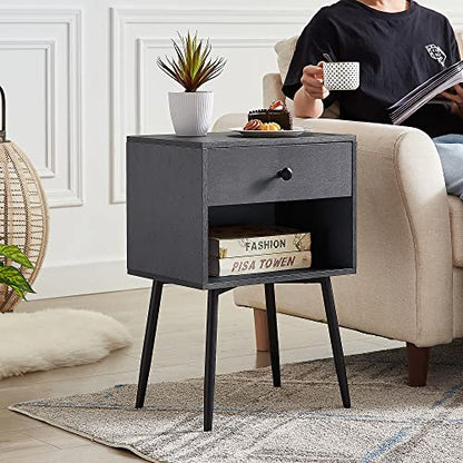 VECELO Nightstands Set of 2, Mid Century Modern End Bedside Table, Night Stand with Storage Drawer and 2 Tiers Open Shelf for Small Place, Bedroom, Living Room, Easy Assembly, Grey - color: Grey