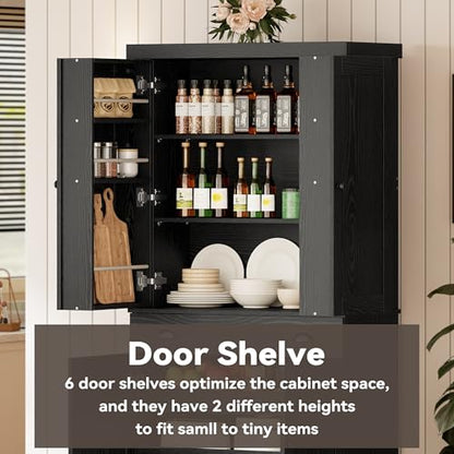 IRONCK Kitchen Pantry Cabinet 72" Height, Freestanding Cupboard with Drawer, Sliding Storage Rack, and 6 Hanging Shelves for Dining Room, Laundry, Living Room, Black - color: Black