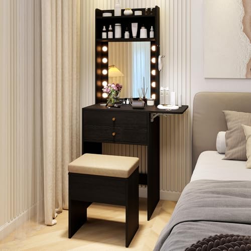 CHARMAID Compact Girls Vanity Desk with LED Mirror, 20-Inch Narrow Tall Makeup Table for Small Bedrooms, Foldable Side Panel, 2 Drawers & Shelves, Charging Station, Storage Stool, Black - color: Black, size: 20"W (With Stool)