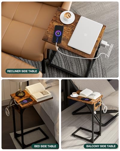 C-Shaped Side Table for Couch - Small Coffee Stand Sofa Tray Desk with Metal Frame Waterproof Scratch Resistant Wood Top and Built-in Charging Station, Rustic Brown - color: Rustic Brown, size: 1-Pack, style: Includes Power Outlets
