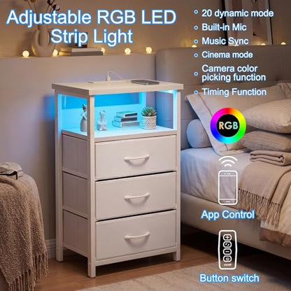 Fixwal White Nightstand with Charging Station, LED Night Stand with 3 Fabric Drawers and Open Shelf, Bedside End Table in Bedroom - color: White, size: 27.6"H (3 drawers), style: Power+Light (1pc)