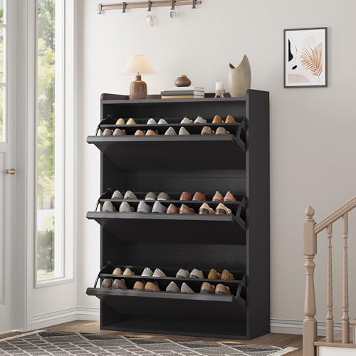 Garvee Shoe Cabinet with 3 Flip Drawers, Hidden Wood Shoe Cabinet,Freestanding Shoe Storage Cabinet with Adjustable Shelf for Entryway Hallwa, Living Room, Living Room, Black - color: Black