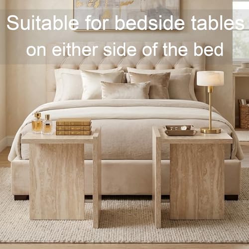 Hyfirm Modern Faux Travertine Side Table Small T-Shaped End Table | Space-Saving Accent Table with Travertine Finish Nightstand for Use Beside Sofa in Living Room Bedroom Apartments and Office - color: Beige