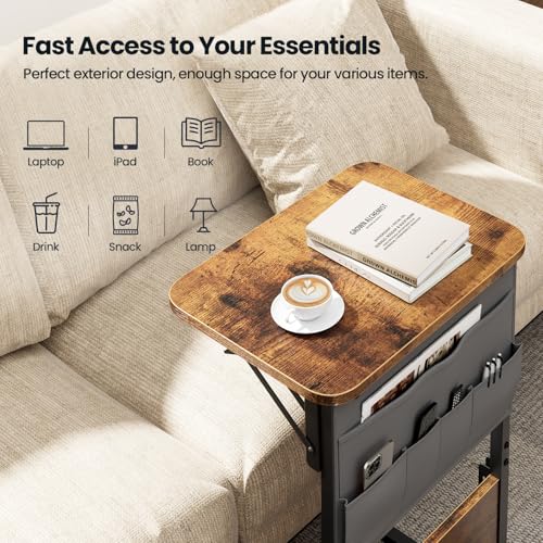 HLDIRECT C Shaped End Table with Charging Station & Storage Bag Brown | 2 USB & 2 Outlets, Storage Bag, FSC Wood, Foldable, 11.8"D x 15.7"W, for Small Spaces, Couch, Bedroom - color: Rustic Brown