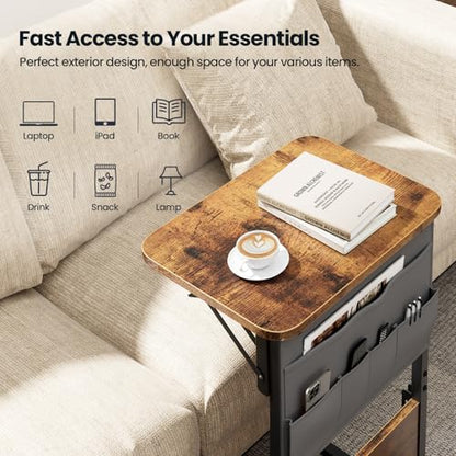 HLDIRECT C Shaped End Table with Charging Station & Storage Bag Brown | 2 USB & 2 Outlets, Storage Bag, FSC Wood, Foldable, 11.8"D x 15.7"W, for Small Spaces, Couch, Bedroom - color: Rustic Brown