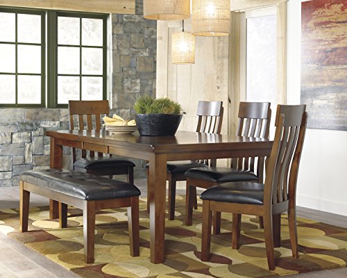 Signature Design by Ashley Ralene Tufted Upholstered Dining Room Bench, Medium Brown | Plush wipe-clean faux leather cushion, Frame of veneers, wood and engineered wood, Versatile 2-person entryway seating - color: Medium Brown, style: Ralene Dining Bench