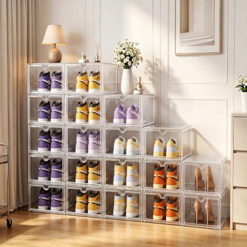 XL Shoe Boxes Clear Plastic Stackable, Extra Large Acylic Display Case, 5 Pack Drop Front Shoe Box with Magnetic Lid,Fit up to Size 15(5 PACK ACYLIC) - color: 5 PACK ACYLIC