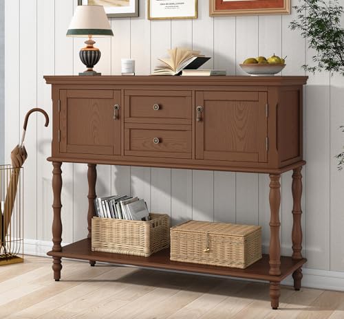ARTPOWER Console Table with 2 Drawers, Retro Entryway Table with 2 Door | Solid Wood Veneer Entry Table, Behind Couch Sofa Table with Open Storage Shelf for Living Room, Foyer, Hallway - color: Brown