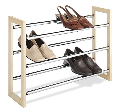Whitmor 3 Tier Expandable Shoe Rack -Stackable - Natural Wood and Chrome - color: Wood & Chrome