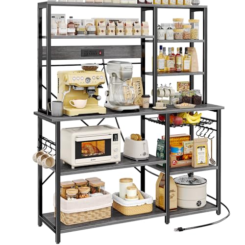 SUPERJARE Larger Bakers Rack with Power Outlets, 6-Tier Microwave Stand, Coffee Bar with 12 S-Shaped Hooks, Kitchen Shelf with Wire Basket, 47.2 x 15.5X 66.9 Inches, Grey - color: Charcoal Gray, size: 47.2inch