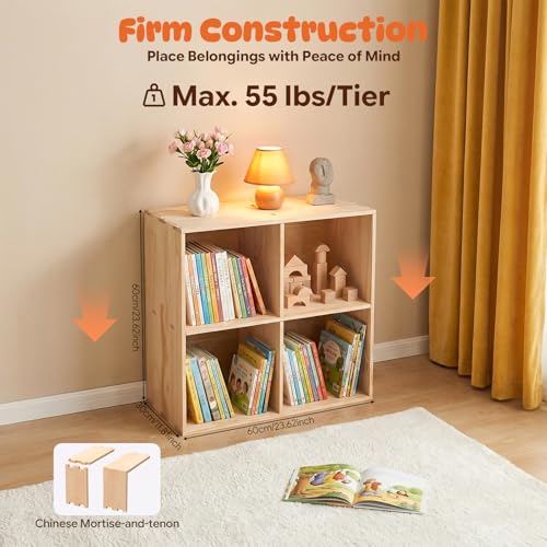 4-Cube Solid Wood Bookcase, 2-Tier Wood Storage Organizer, 23.6in