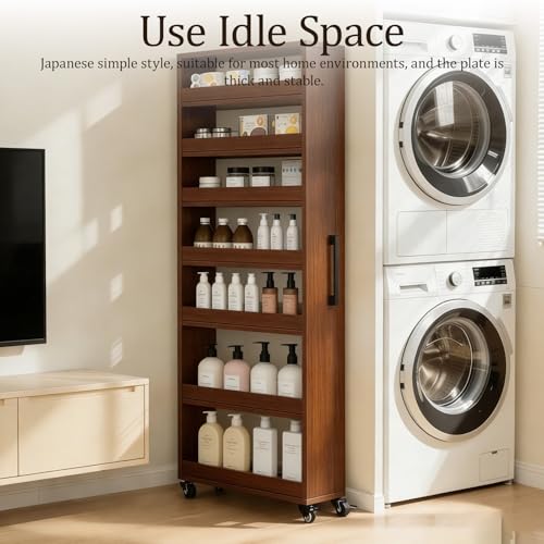 Rolling Spice Rack Next to Side of Fridge Storage Slim Narrow Shelf Lightweight 7 Tier Wooden Storage Cart for Kitchen, Dining Room, Bathroom, Small Spaces (Teak, 72.4" H x 9.8" W x 21.6" D) - color: Teak