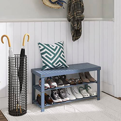 SMIBUY Bamboo Shoe Rack Bench, 3-Tier Shoe Organizer Storage Shelf for Entryway Hallway Bathroom Living Room (Grey) - color: Grey