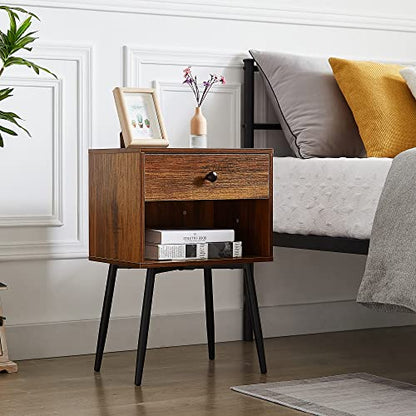VECELO Nightstands Set of 2, Mid Century Modern End Bedside Table, Night Stand with Storage Drawer and 2 Tiers Open Shelf for Small Place, Bedroom, Living Room, Easy Assembly, Rustic Brown - color: Rustic Brown