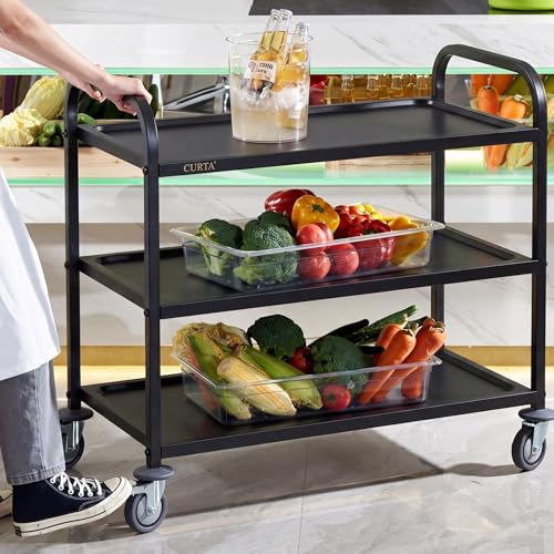 CURTA Black Stainless Steel Serving Cart, 3-Tier Rolling Utility Trolley (34"x18"x36"), Heavy Duty Painted Kitchen Cart on Wheels with Brakes, Commercial Grade for Restaurant, Hotel, Salon & Lab - color: L(black): 34''(l) X 18''(w) X 36''(h)