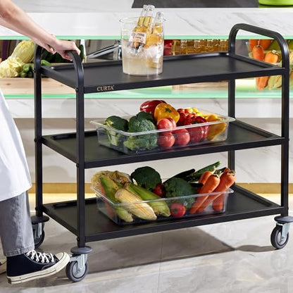 CURTA Black Stainless Steel Serving Cart, 3-Tier Rolling Utility Trolley (38"x20"x37"), Heavy Duty Painted Kitchen Cart on Wheels with Brakes, Commercial Grade for Restaurant, Hotel, Salon & Lab - color: Xl(black): 38(l) X 20(w) X 37(h) Inch