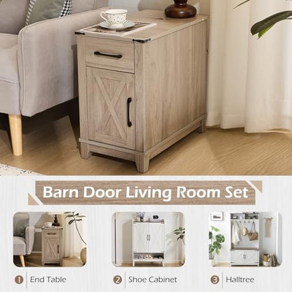 EROMMY Farmhouse End Table with Charging Station, Narrow Side Table for Living Room, Nightstand with Drawer and Storage Cabinet, Adjustable Shelf, Gray - color: Grey