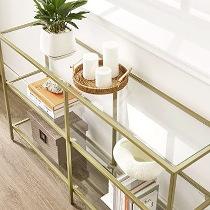 VASAGLE 51.2 Inch Console Table with 3 Shelves, Sofa Tables, Modern Entryway Table, Metal Frame, Tempered Glass Shelf, Entryway Living Room Bedroom, Metallic Gold and Transparent ULGT024A01 - color: Metallic Gold + Transparent, size: 51.2"W