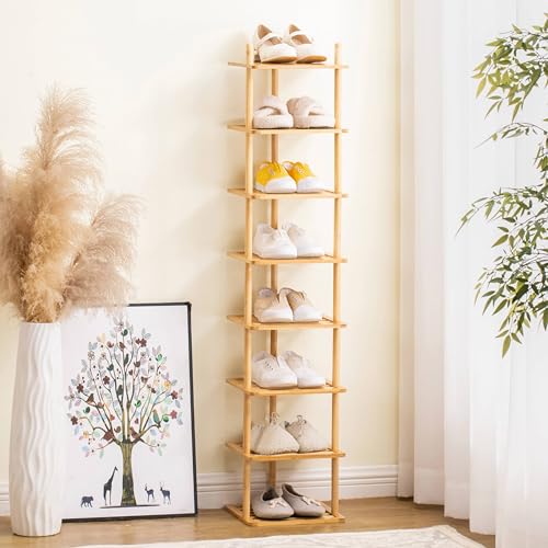 8-Tier Vertical Shoe Rack - Tall Narrow Shoe Rack Organizer for Small Spaces,Bamboo Shoen Shelf for Entryway,Closet,Corner,Doorway,Skinny Shoe Shelf Space Saving Shoe Storage (Natural, 8-Tier) - color: 8-tier Natural