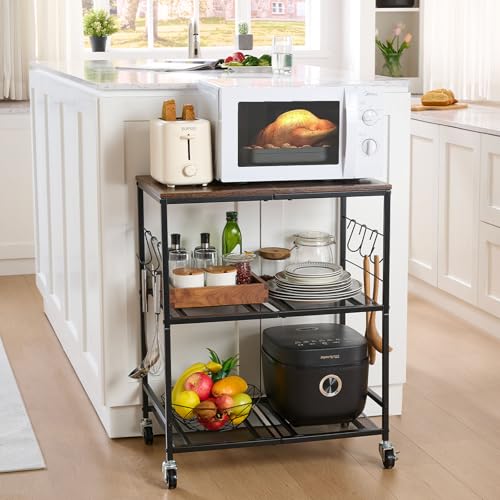 Rolling Kitchen Microwave Cart, 3 Tier Microwave Stand with Storage, Small Kitchen Island on Wheels, Wood and Mental Kitchen Shelf Rack, Black Organizer for Living Room, Office, Balcony - color: Black