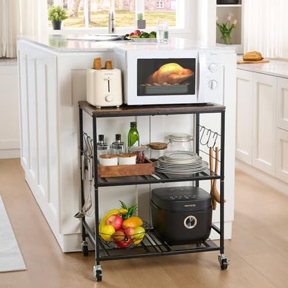 Rolling Kitchen Microwave Cart, 3 Tier Microwave Stand with Storage, Small Kitchen Island on Wheels, Wood and Mental Kitchen Shelf Rack, Black Organizer for Living Room, Office, Balcony - color: Black