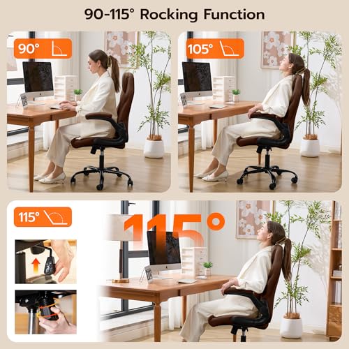 Ylzyxal Office Desk Chair, Ergonomic Computer Chair with Padded Flip-Up Arms and Adjustable Lumbar Support, PU Leather Executive Chair with Tilt Lock and 360° Swivel Rolling Wheels for Work, Study - color: Darkbrown