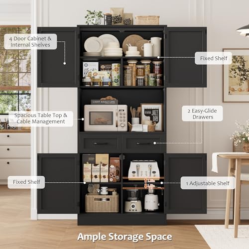 HOSTACK 71“ Tall Kitchen Pantry Storage Cabinet, Modern Kitchen Hutch Bar Cabinet with Microwave Stand, Wood Buffet Sideboard with Hutch, Cupboard with Drawers, Shelves for Dining Room, Black - color: Black
