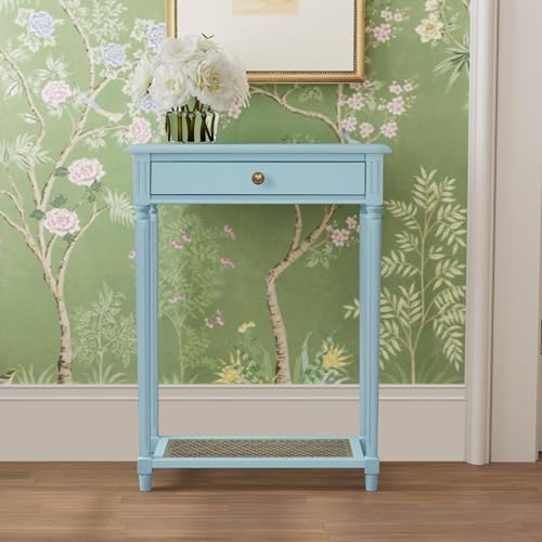 East at Main Lenora Blue Narrow Console Table for Entryway with Drawer | 23.75-inch slim hallway table with cane shelf, solid wood frame, powder blue finish, coastal furniture for small spaces - color: Powder Blue