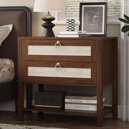 Xixini Rattan Nightstand with 2 Drawers and Open Shelf, 27" Wide Boho Bedside Table with Brass Knobs, Mid-Century Modern Wooden End Table for Bedroom, Walnut - color: Walnut