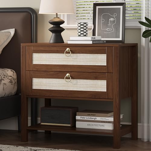 Xixini Rattan Nightstand with 2 Drawers and Open Shelf, 27" Wide Boho Bedside Table with Brass Knobs, Mid-Century Modern Wooden End Table for Bedroom, Walnut - color: Walnut