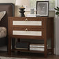 Xixini Rattan Nightstand with 2 Drawers and Open Shelf, 27" Wide Boho Bedside Table with Brass Knobs, Mid-Century Modern Wooden End Table for Bedroom, Walnut - color: Walnut