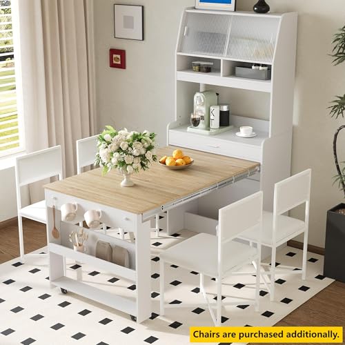 Spaco 2-in-1 Folding Dining Table and Buffet Cabinet Set,Compact Pull-Out Kitchen Table with Wheels,Storage Shelf and Side Hooks,Multifunctional Cupboard for Small Place (White & Oak) - color: White & Oak
