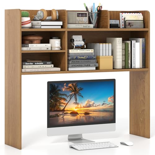 Giantex Desktop Bookshelf, 37" Desk Hutch Dorm for Computer Up to 32 Inch, Countertop Hutch w/6 Storage Shelves, 3-Tier Desktop Organizer Display Rack, Wood Desk Shelf for Home Office (Natural) - color: Natural, size: 6 Shelves (33.5"H)