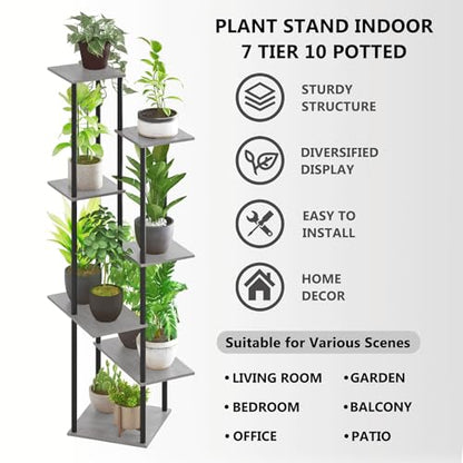 Tall Plant Stand Indoor, 7-Tier Modern Plant Shelf for Multiple Plants, Wood Metal Flower Holder for Living Room Balcony Bedroom, Oak Grey