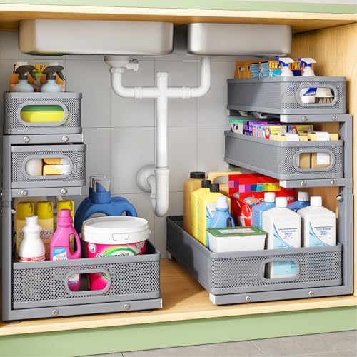Kitstorack Under Sink Organizer, 2-Pack 3-Tier Height Adjustable Thickened Metal Pull out Cabinet Organizer Shelf, Slide out Storage Drawer Rack for Bathroom Kitchen Pantry Home Organization, Grey - color: Gray, size: 2 Pack