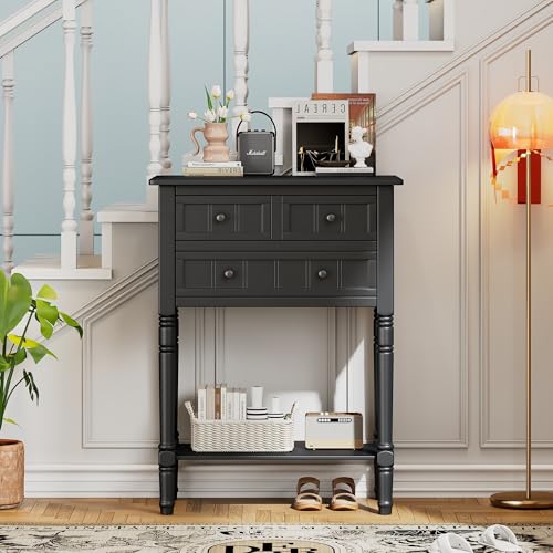 24'' Entryway Table, Small Console Table with Storage Drawers and Shelf, Hallway Table for Entryway Hallway Foyer, Farmhouse Solid Wood Frame (Black) - color: Black