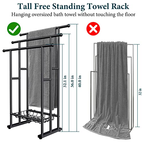 Kayfia 40'' Freestanding 3 Tier Alloy Steel Towel Rack with Storage Basket | Dual-Use Drying & Display Rack, Holds Oversized Bath Towels & Blankets, Fits Bathroom, Tub, Shower, Poolside, Black - color: Black