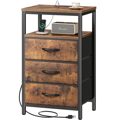 Huuger Nightstand with Charging Station, 27.6 Inch Bedside Table with Fabric Drawers, End Table with USB Ports and Outlets, Night Stand for Bedroom, Rustic Brown - color: Rustic Brown, size: 11.8"D x 15.7"W x 27.6"H (3 Drawers)