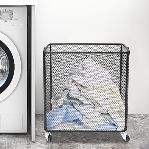 Laundry Hamper with Wheels, Rolling Laundry Basket Cart, Rectangular Metal Mesh Clothes Hamper with Metal Pull Handle for Laundry Room and Bedroom(Black, 16.9" x 9" x 17.7") - color: Black, size: 26.77 x 21.5 x 26in