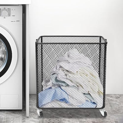 Laundry Hamper with Wheels, Rolling Laundry Basket Cart, Rectangular Metal Mesh Clothes Hamper with Metal Pull Handle for Laundry Room and Bedroom(Black, 16.9" x 9" x 17.7") - color: Black, size: 26.77 x 21.5 x 26in