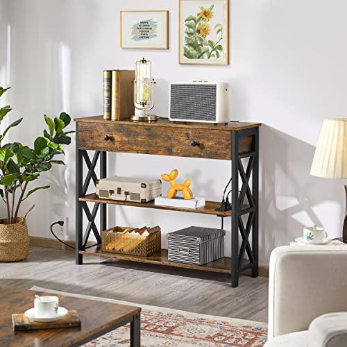 Topeakmart Console Table with Charging Station, 40" Narrow Entryway Table with 2 Power Outlets and 2 USB Ports, Sofa Hallway Table with Drawer, Behind Couch, for Living Room Rustic Brown - color: Rustic Brown, style: with Power Outlet